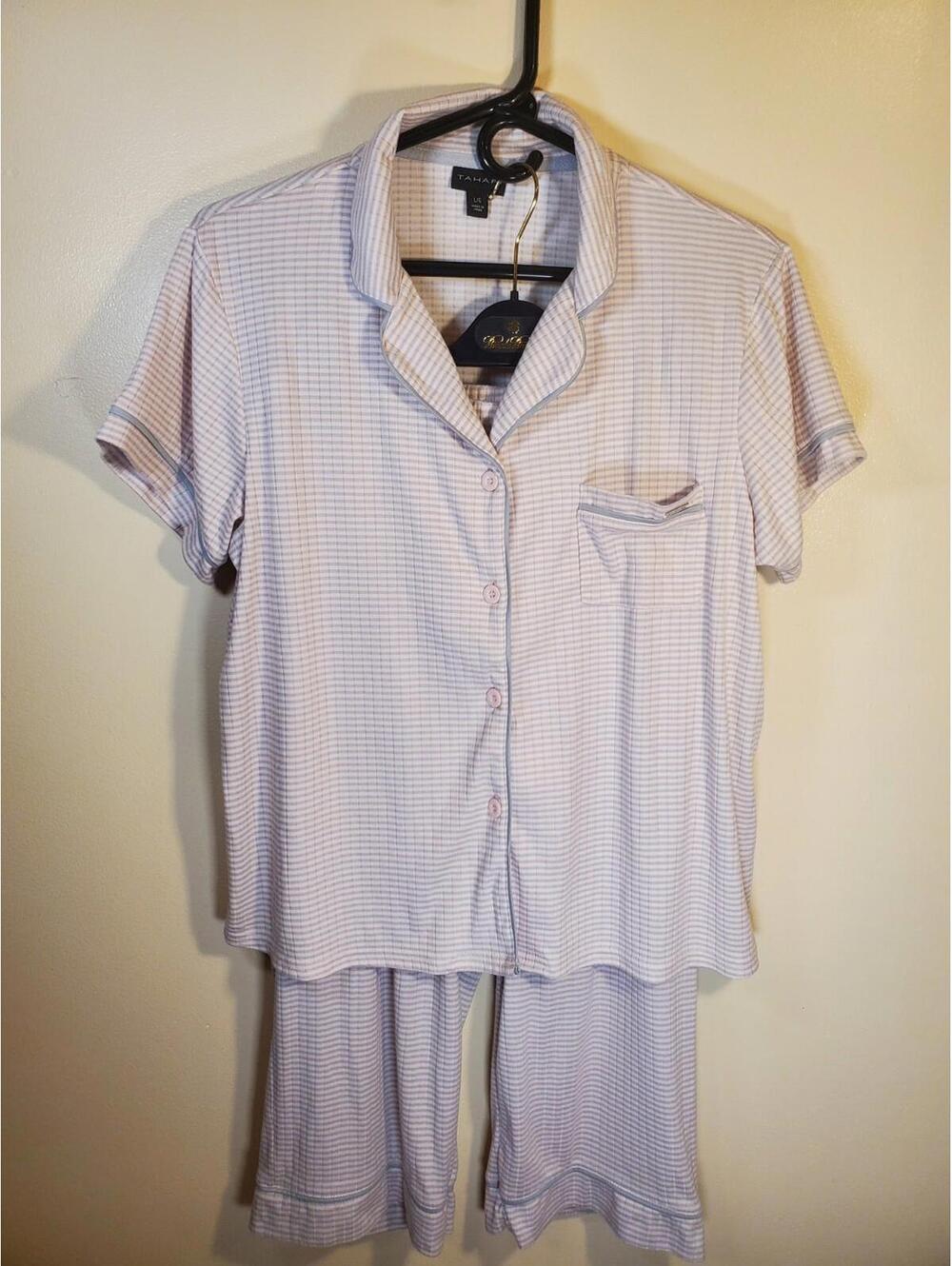 Tahari Striped Matching Capri Button Down Short Sleeve Pajama Set Pink Gray Lg